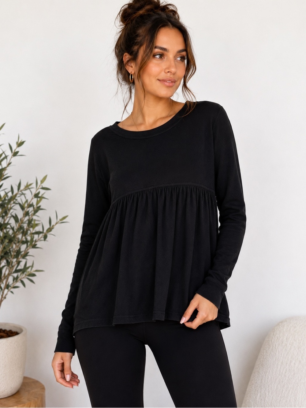 Free People Black Babydoll Long Sleeve Knit Top XS